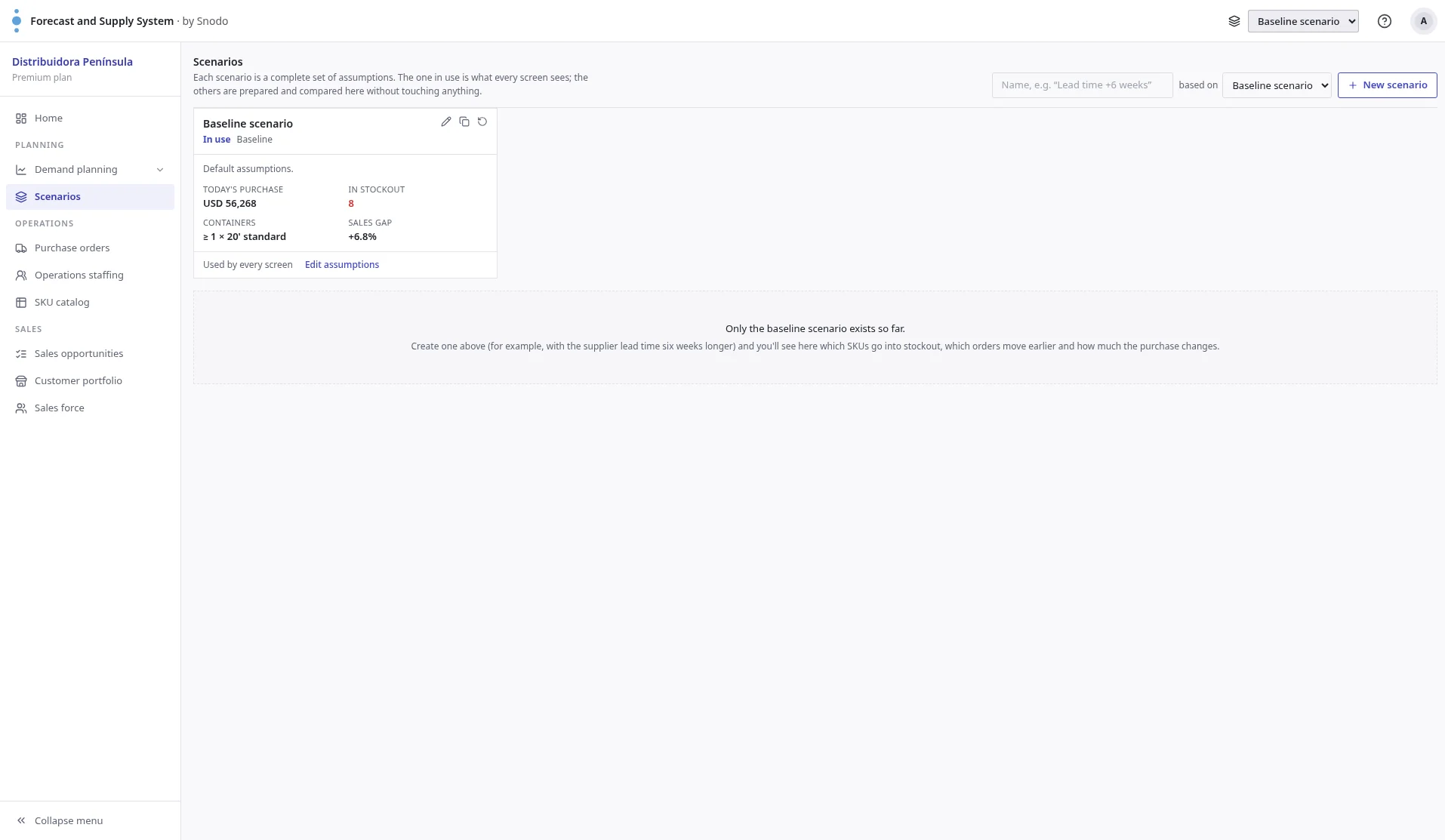 Scenarios screen: each scenario is a full set of assumptions, compared with the baseline change by change